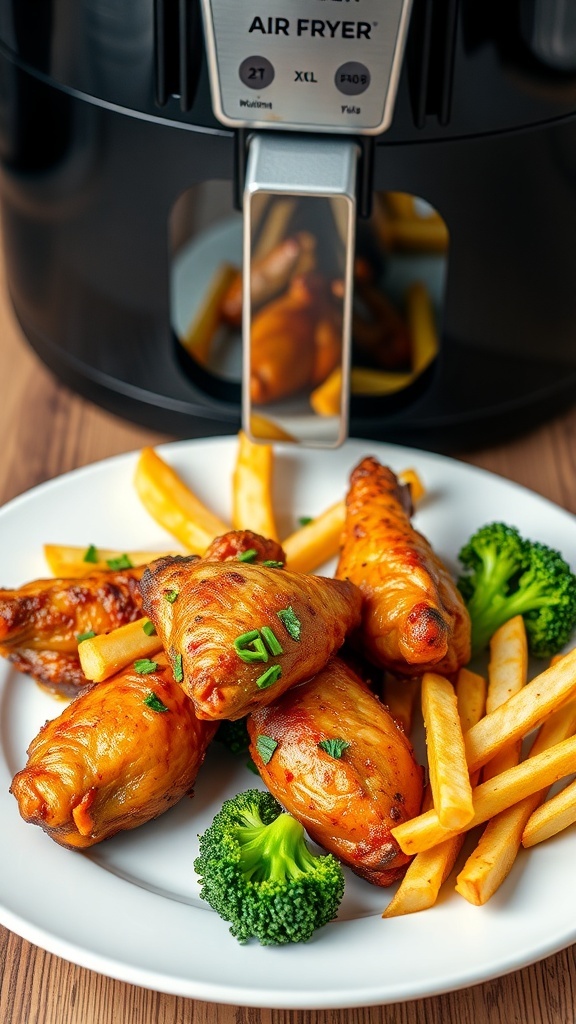 Crispy chicken wings, fries, and broccoli cooked in an Air Fryer Moulinex XL, garnished with herbs.